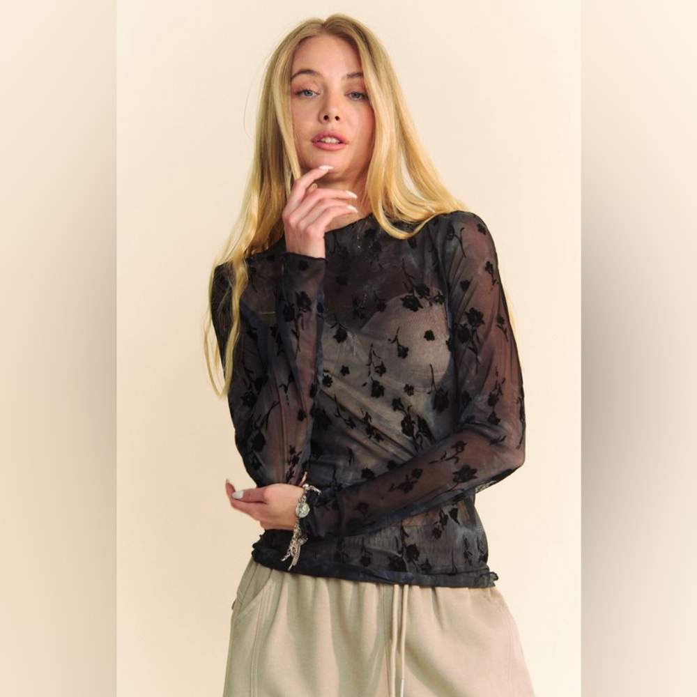 Elegant Black Floral Long Sleeve Top
